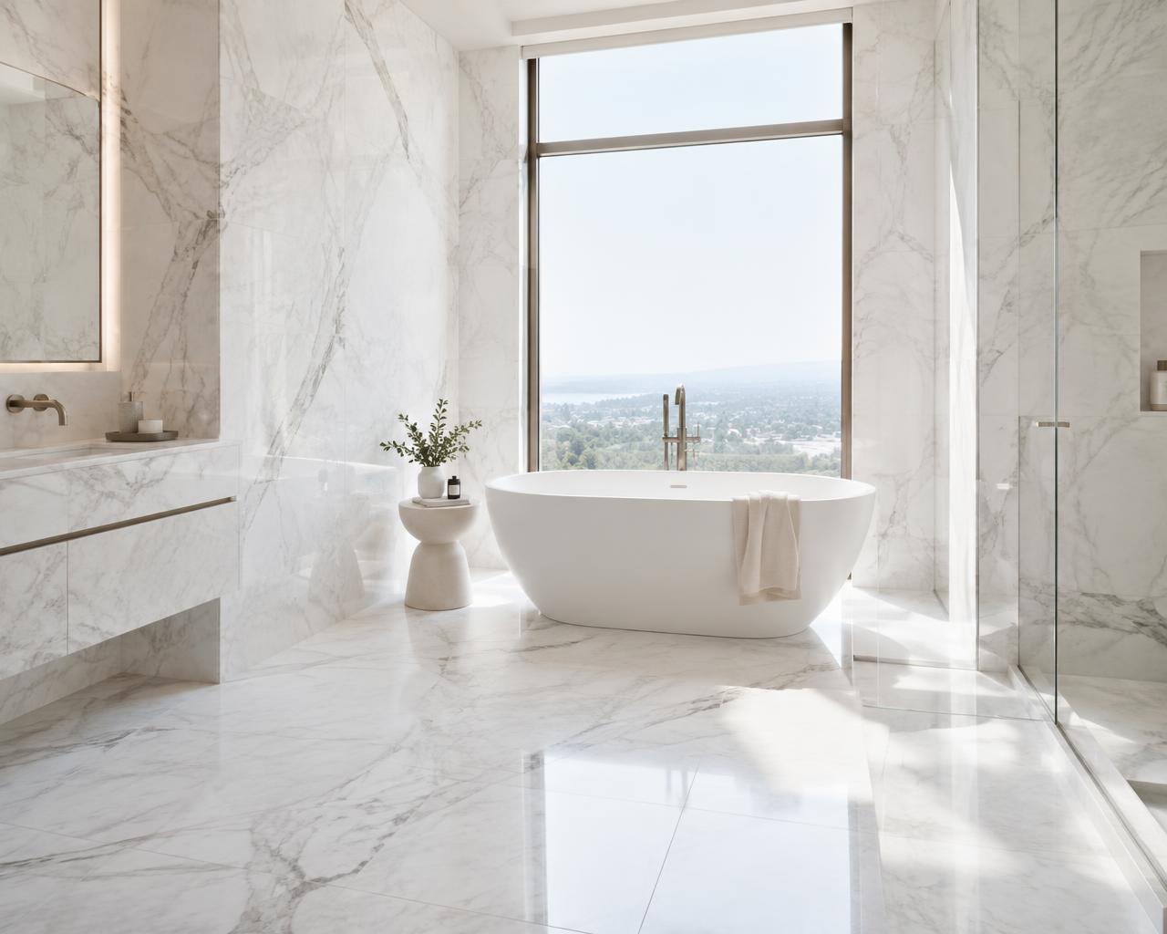 Bright marble bathroom with freestanding bath