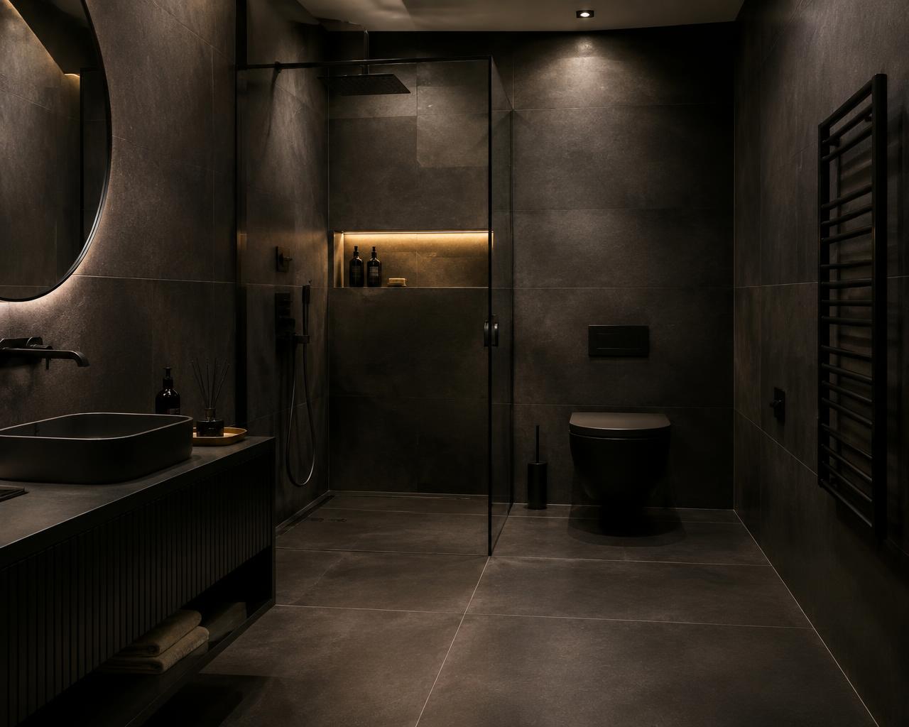 Dark en-suite with large-format porcelain