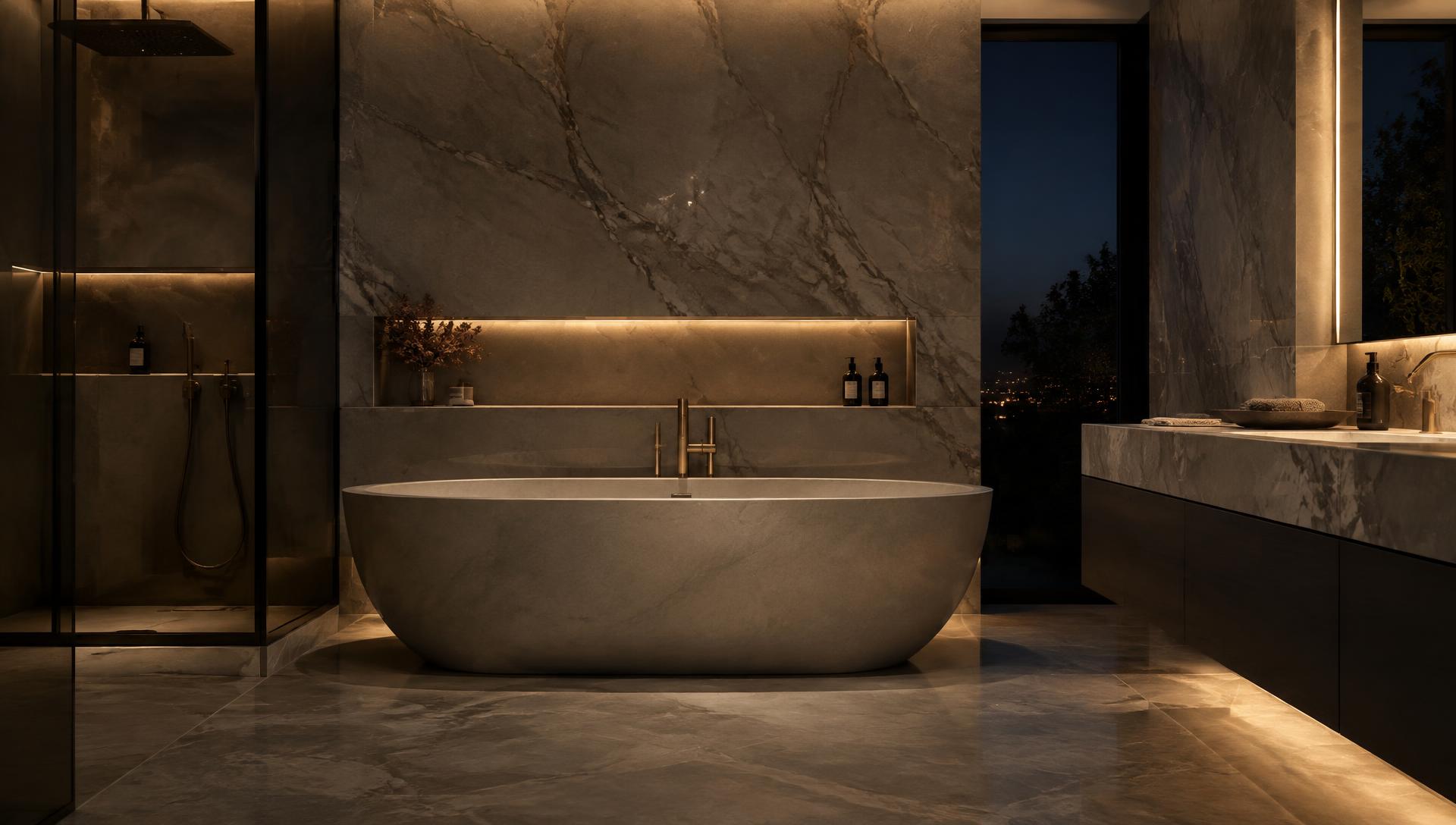 Luxury bathroom with freestanding stone bath and marble walls