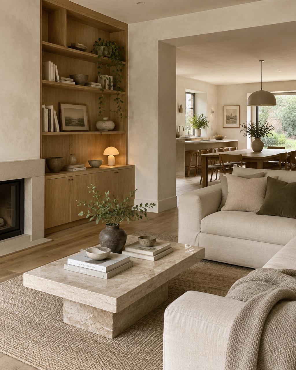Refurbished living space with bespoke oak joinery and limewash walls